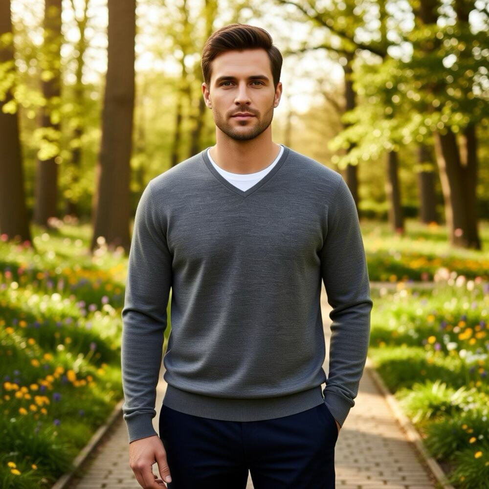 Selected Homme Men XL Sweater Grey Merino Wool V Neck Pullover Longsleeve Luxury